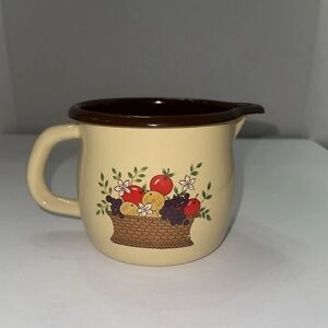 Vintage Cream and Brown Enamelware Pitcher by FTD with Fruit Basket Motif